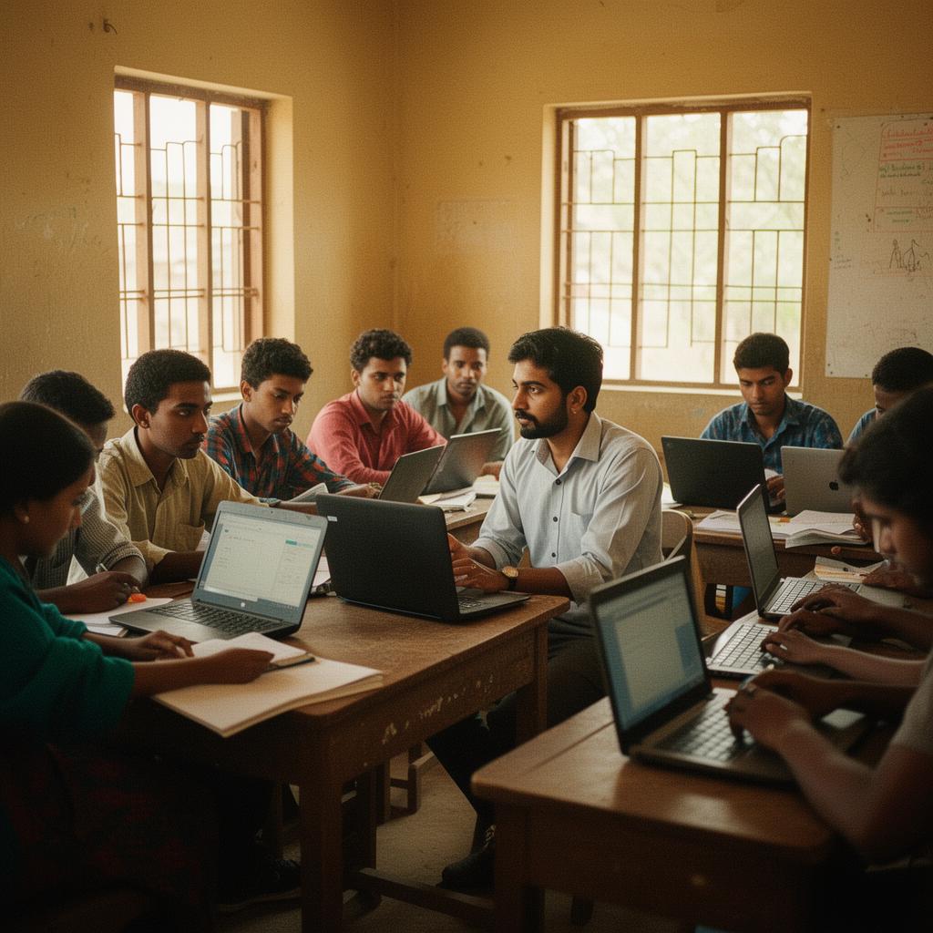 A vocational training classroom with diverse learners at laptops