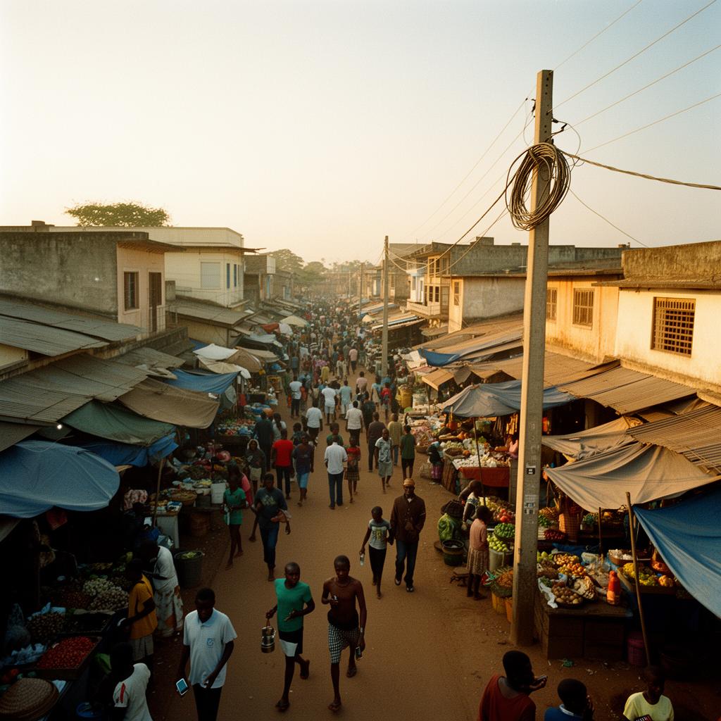 A bustling local market street at golden hour, locally grounded yet globally connected
