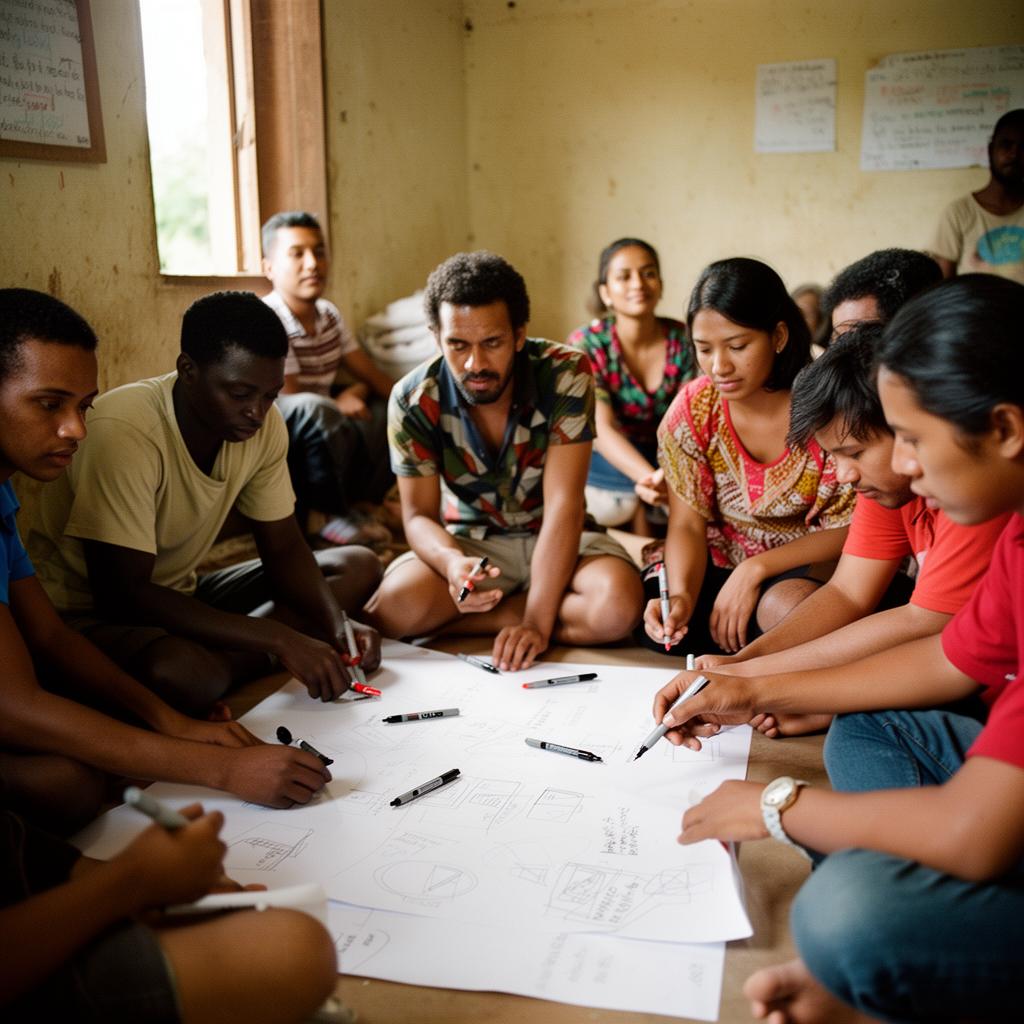 A diverse community group co-designing on paper together in a sunlit room